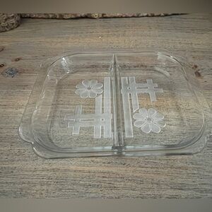 Vintage Clear Glass Divided Serving Trinket Dish Tray, Groovy Daisy Pattern, MCM